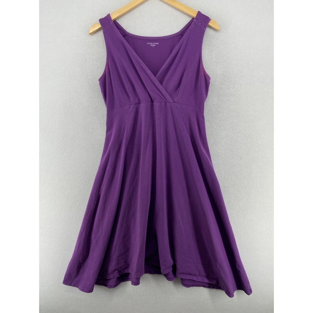 EILEEN FISHER Dress S Stretch Organic Cotton Jersey Surplice A-Line Purple USA